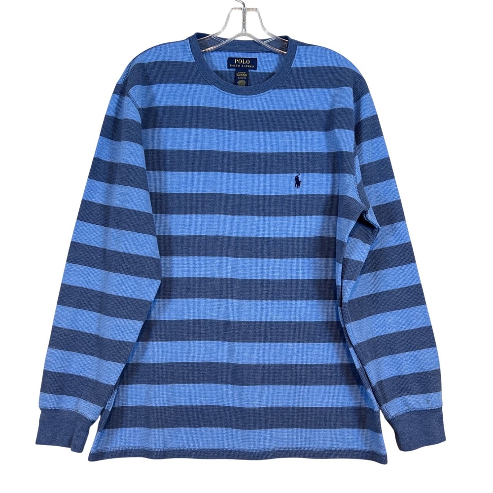 Polo Ralph Lauren Mens XL Blue Striped Waffle Knit Thermal Long Sleeve Sleep Top